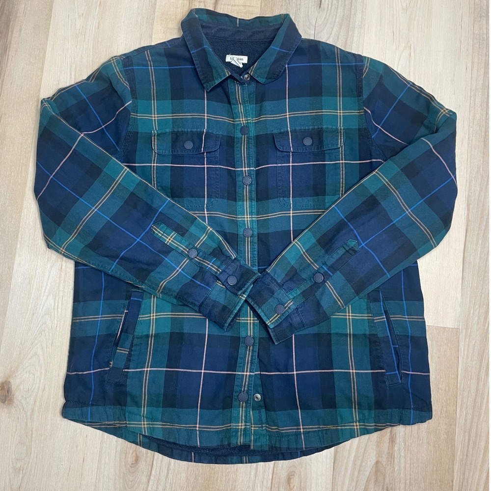 LL Bean Fleece Lined Flannel Shirt Jacket Green Plaid Snap Front Womens Medium